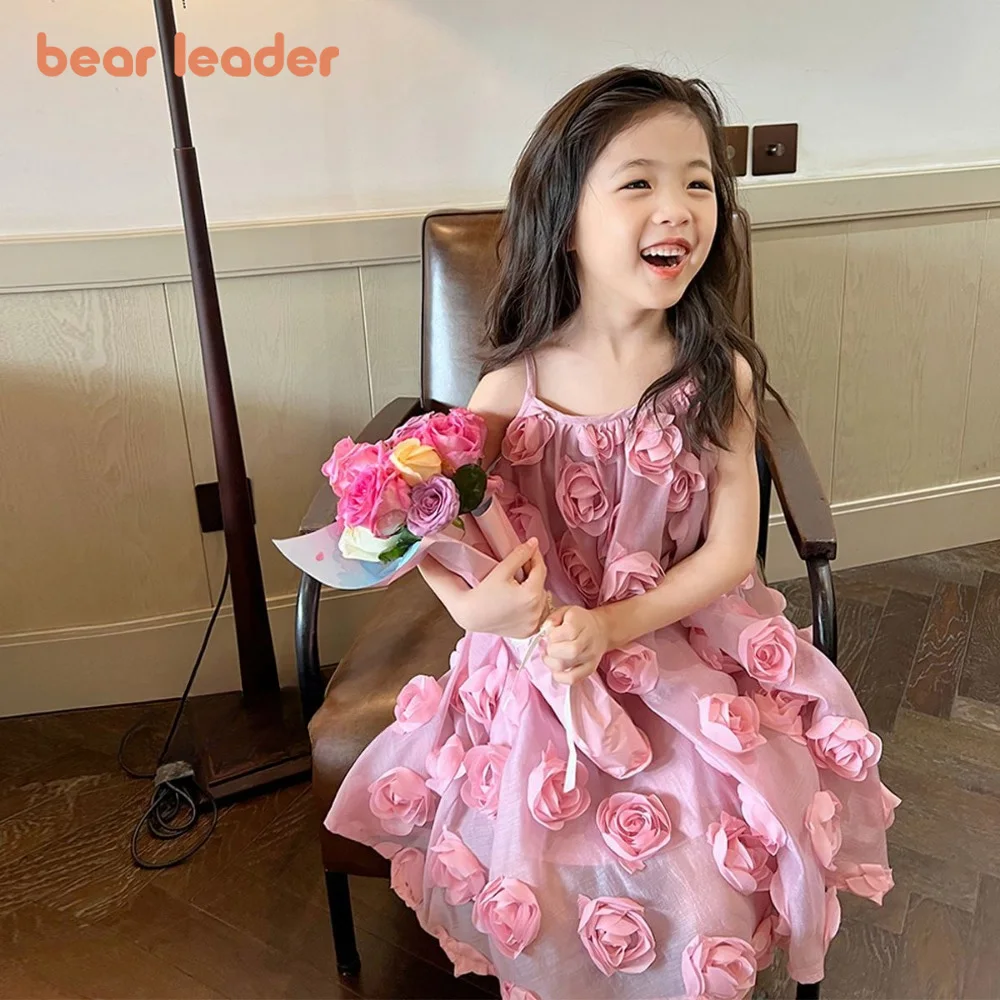 Bear Leader 3D Flower Decoration Princess Dresses Summer Suspender Girls Dress Wedding Birthday Party Sweet Children's Clothing