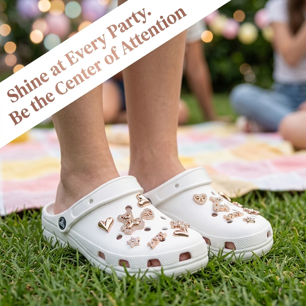 Luxury Snap‑on Croc Charms 12Pcs, Rose Gold Rhinestone Bear Heart Flower Shoe Decoration Accessories