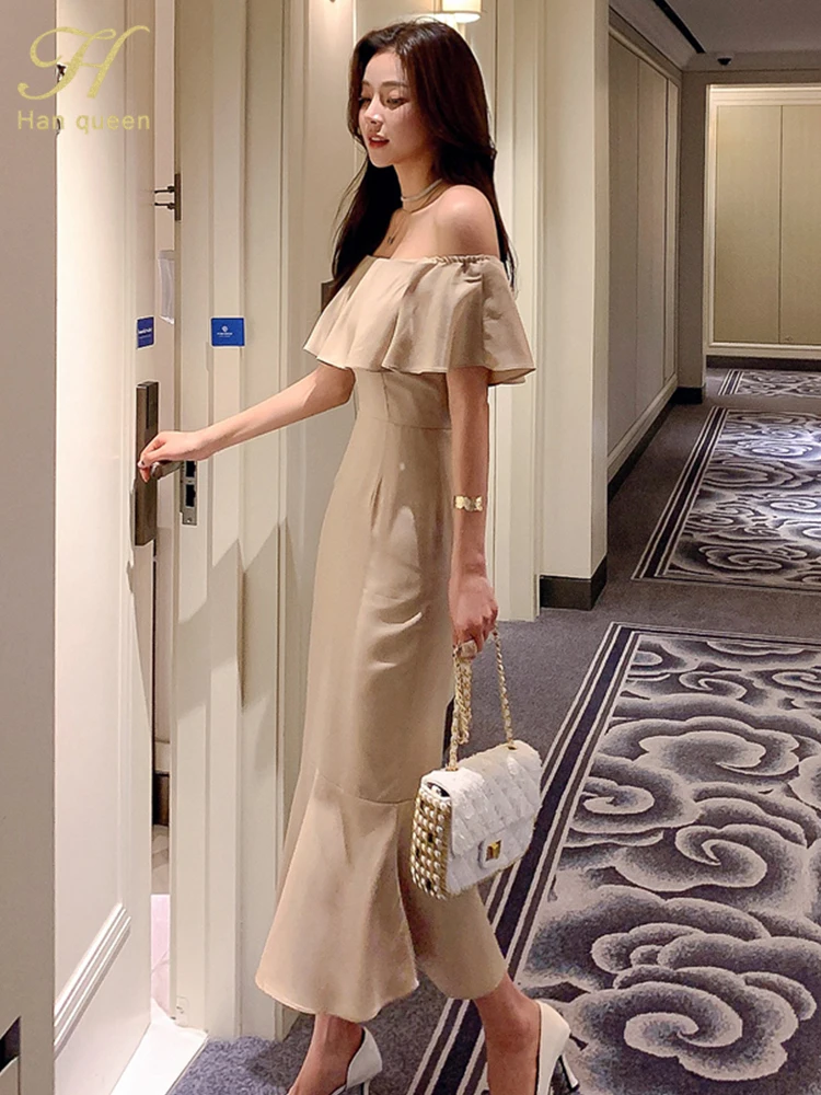 H Han Queen Hot Sale Sexy Slash Neck Mermaid Dress Elegant Fashion Slim Korean Party Long Vestidos Women Casual Simple Dresses