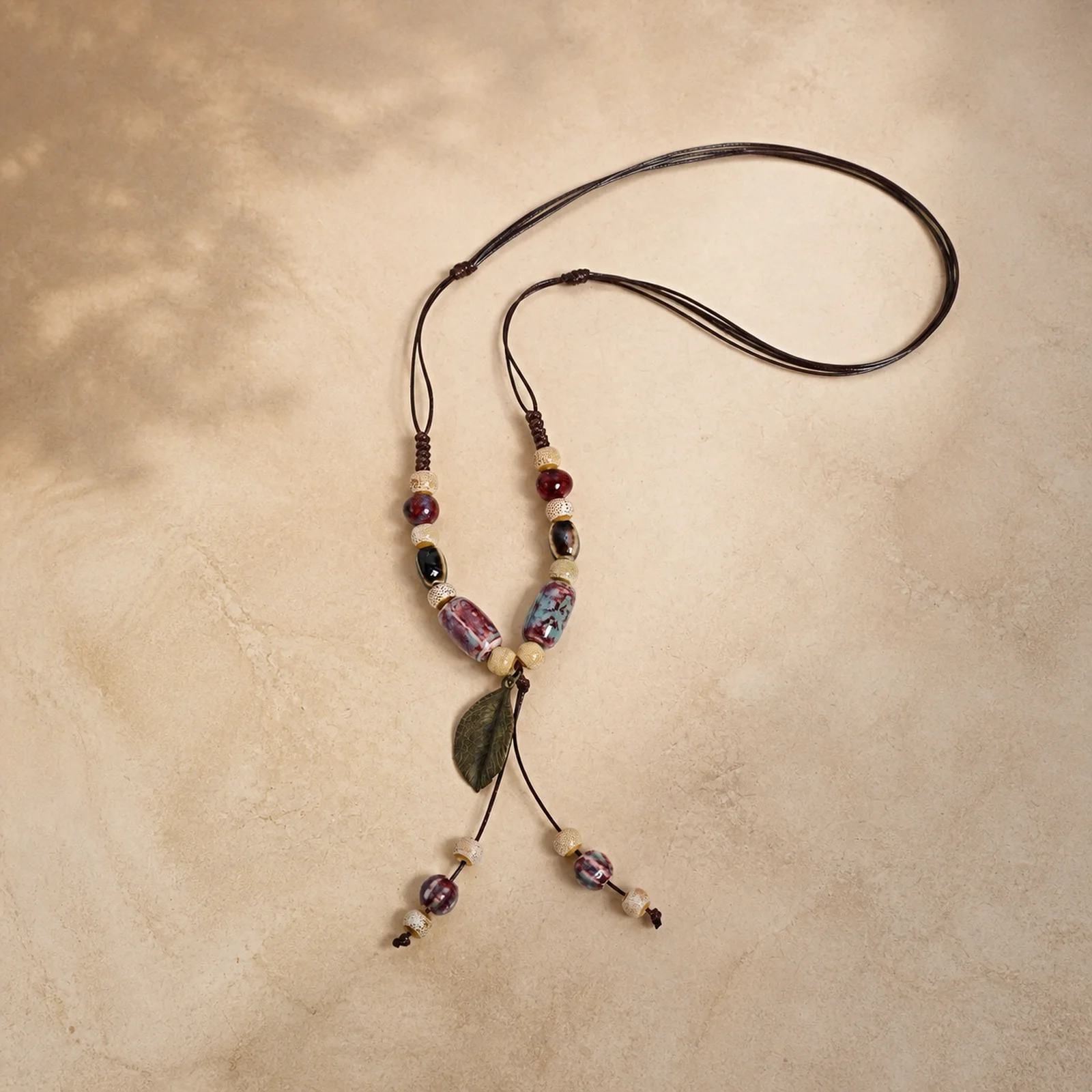 Autumn Falling Leaf Handmade Ceramic Necklace Waxed Cord Handwoven Pendant Metal Accents Artisan Ceramic Jewelry 608P8-05