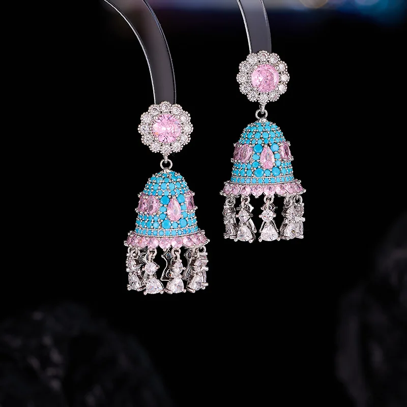 European and American Heavy Craft Luxury Micro Inlaid Zircon Wind Chime Earrings S925 Silver Needle High-end Ethnic Style Exquis