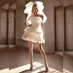 Strapless Satin Wedding Dresses Vestido de Novia Ruched Short Wedding Guest Dress 2024 Bridal Party Gowns Mini Skirt