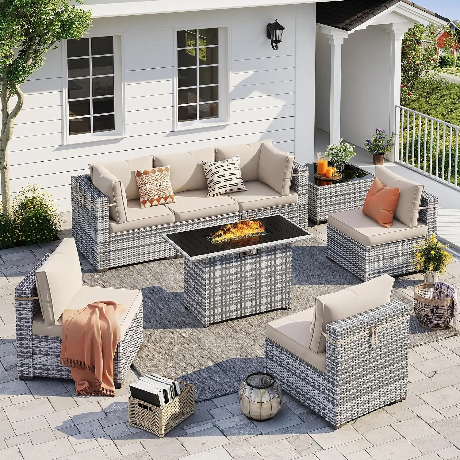 Outdoor Patio Wicker Sectional Sofa Set with Fire Pit 8 Pcs Beige, Customized