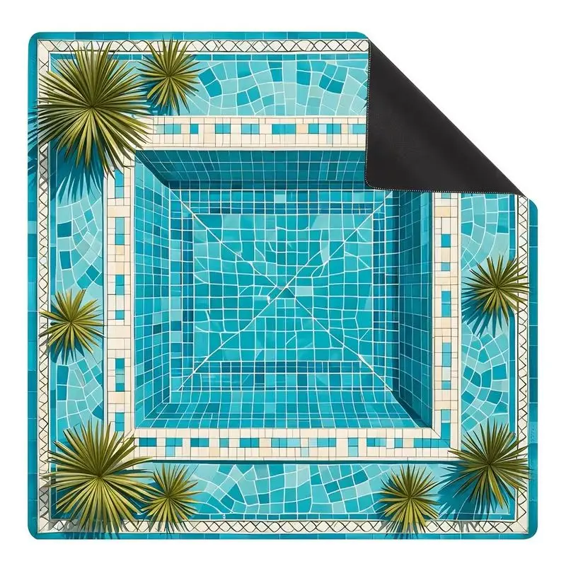 Square Mahjong Table Mat Visual Pool Mosaic Ceramic Tile Palm Leaf Printing Anti slip Noise Reduction Game Mat Desktop Decor