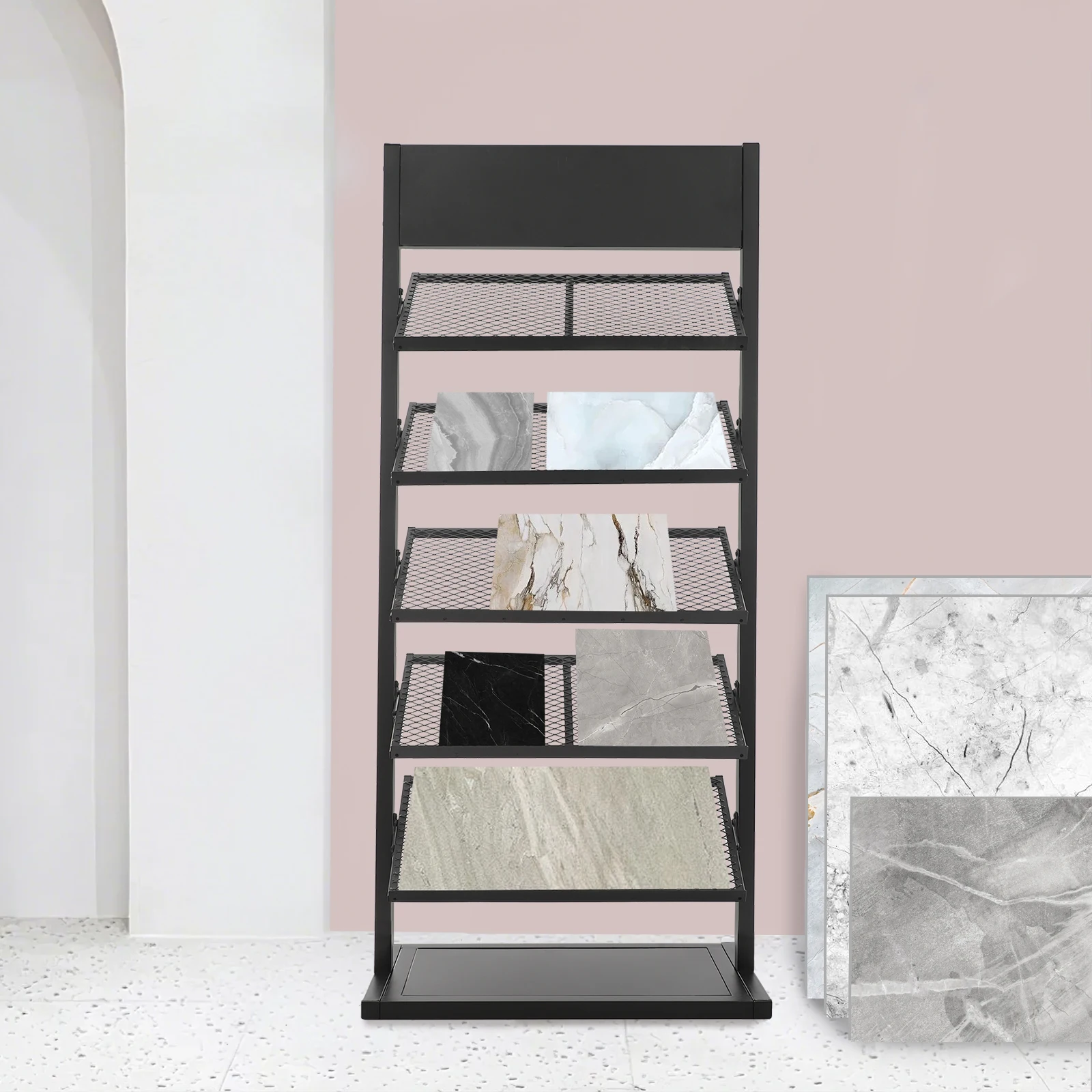 

5-Tier Assembly Rectangle Floor Porcelain Display Stand Rack Ceramic Sample Display Rack with Sturdy Base