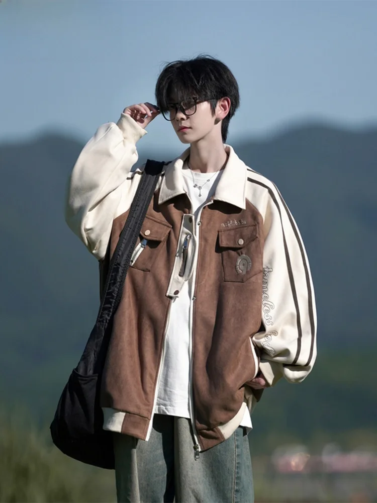 

Wassup Happy American Lazy Chic Men's Suede Jaet Autumn Winter Striped Collar Zipper Outerwear Casual Loose Fit Youth Faion