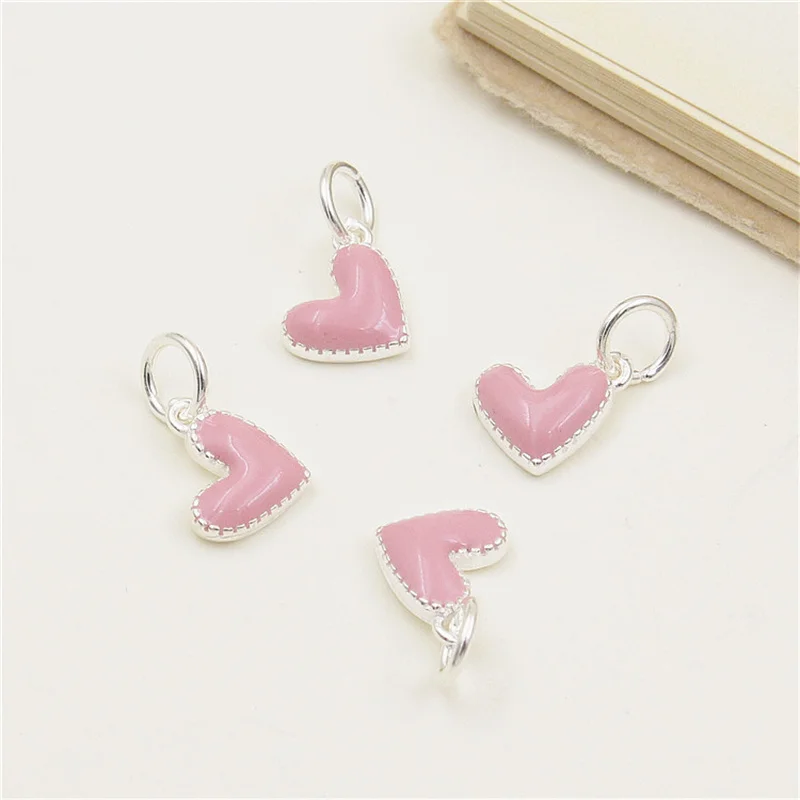 100% Real Sterling 925 Silver Accaccessories Pink Heart Charm Pendant For Bracelets and Necklaces Key Diy Material for Jewelry