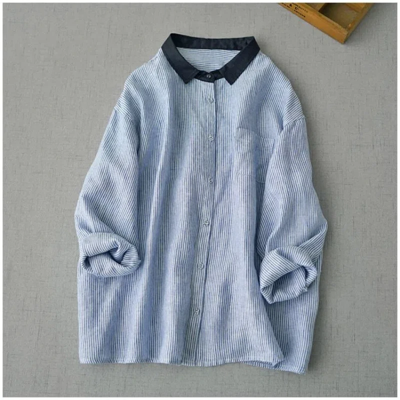 Japanese Linen Striped Shirt Women\'s Spliced Polo Collar Button Pockets Artistic Small Fresh Long Sleeved Loose Fitting Shirt