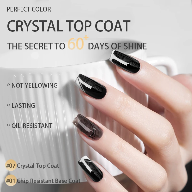 PERFECT COLOR 16ml No Wipe Gel Top Coat and Base Coat Set - Shine Finish and Long Lasting, Soak Off LED Nail Lamp Gel Base Coat