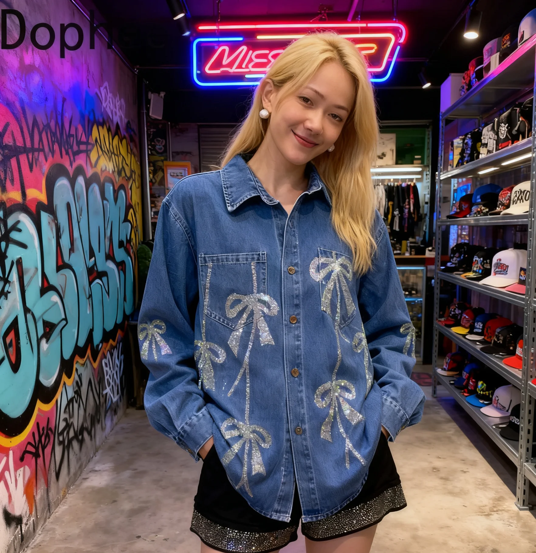 

2025 New Autumn Fashion Long Sleeve Denim Cardigans Coat Shiny Bow Hot Drilling Loose Single-breasted Casual Women Jeans Shirts