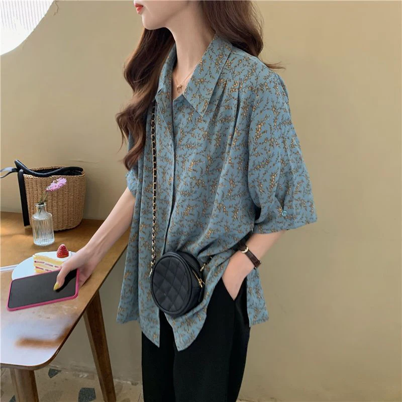 MEXZT camicie in Chiffon donna Vintage colletto rovesciato stampa camicetta manica corta estate coreano Streetwear Casual allentato floreale Top