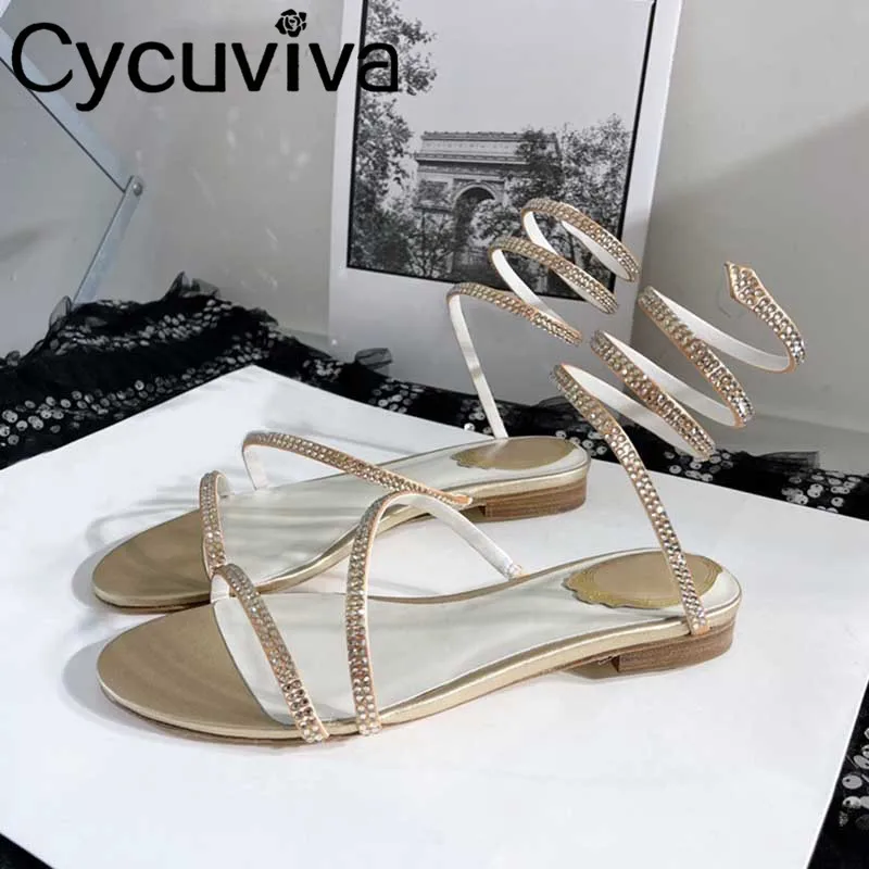 

Sexy Ankle Snake Flat Sandals Women Crystal Dress Shoes Peep Toe Narrow Band Rhinestones Party wedding Shoes Bling Beach Shoes