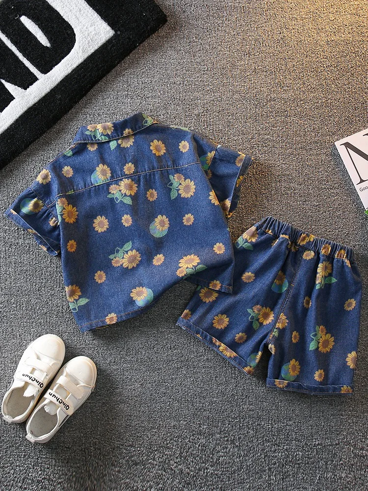 Sunflower Print Kids Denim Sets Summer Casual Fashion Cowboy Shirts Boys Suits Korean Girls Shorts Outfit Children's Ensembles