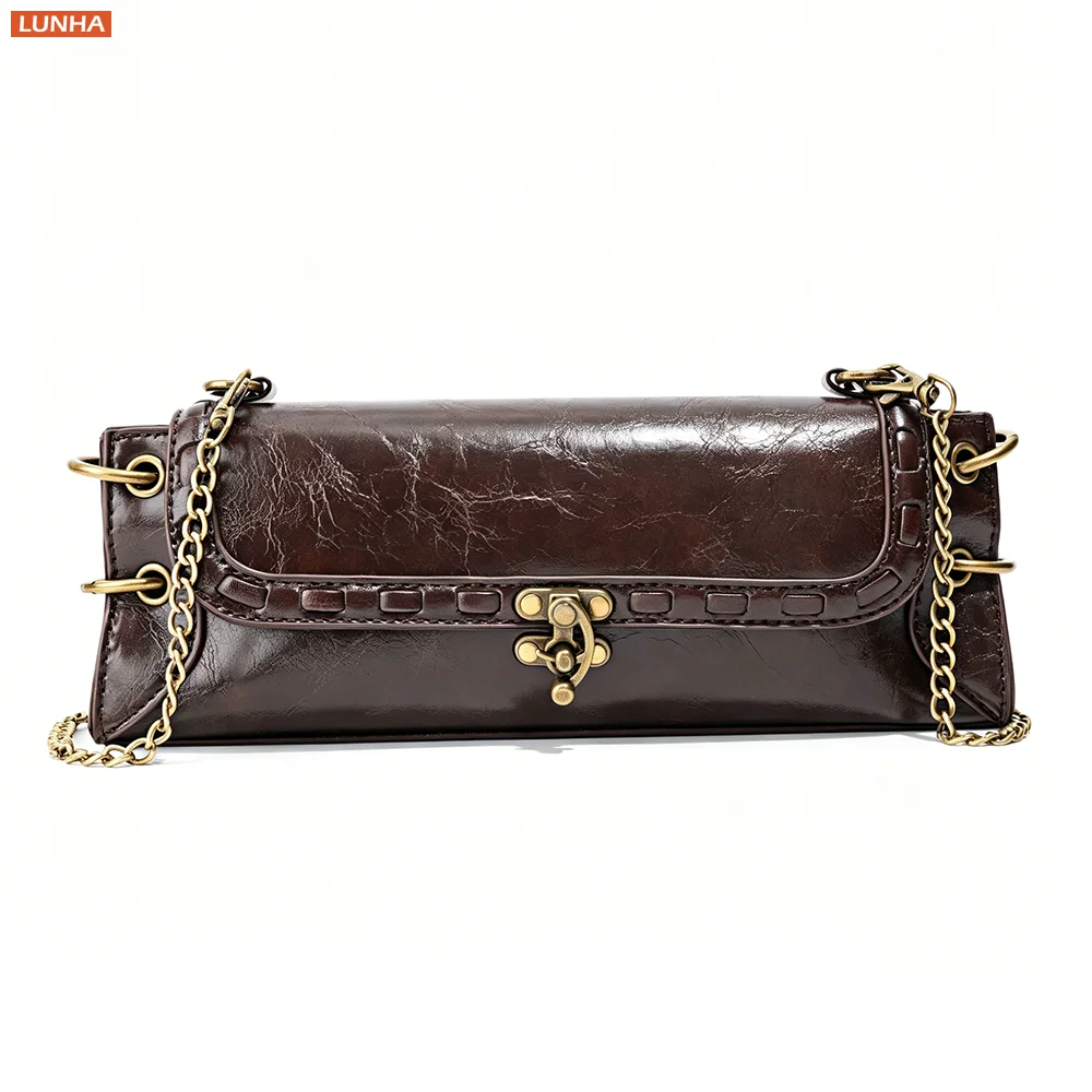Vintage Oil Wax PU Shoulder Bag Antique Bronze Lock Chain Crossbody Purse 2-Way Underarm Handbag for Women Daily Casual