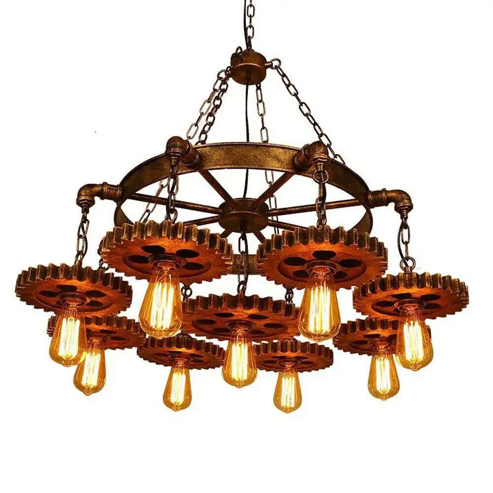 Rustic Steampunk Gear Chain Chandelier Ceiling Light Metal Pendant Lamp Fixture