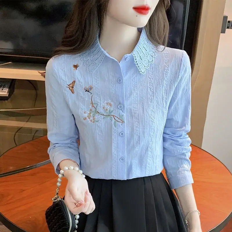 

Women Cotton Long Sleeve Shirt Simple Commuting Embroidery Patchwork Lace Design Flannel Blouse