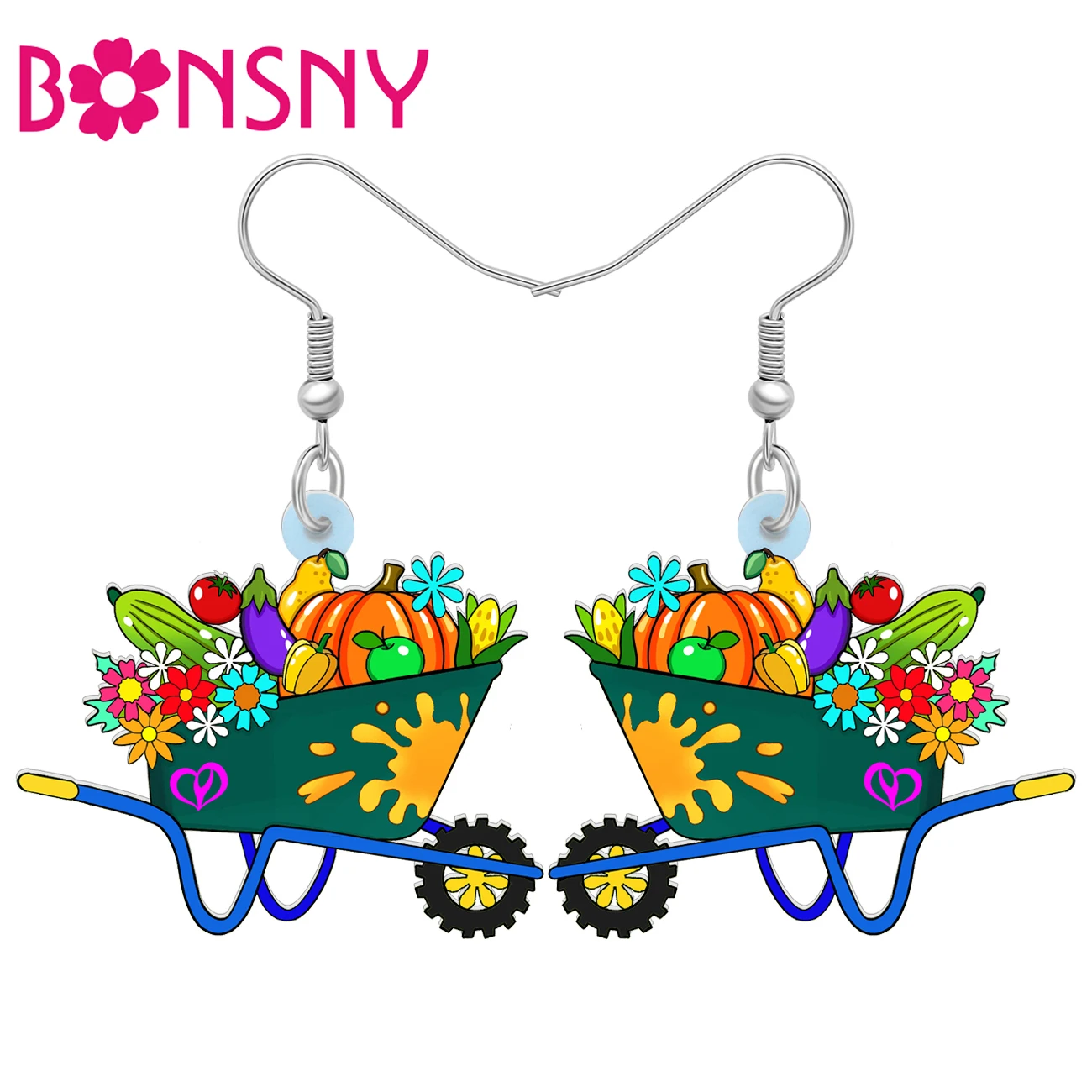 Bonsny Acrylic Flowers Pumpkin Aubergine Vegetables Cart Earrings Novelty Dangle Charms Drop Fashion Jewelry For Women Teen Gift