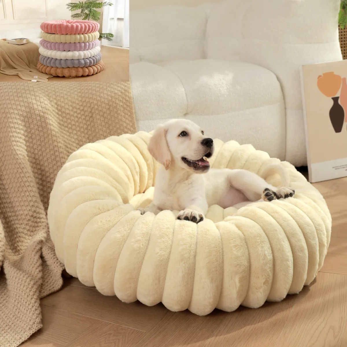 New Pet Nest High Weight Straight Strip Rabbit Plush Pet Mat Long Hair Round Cat Nest Winter Warm Dog Bed Dog Nest