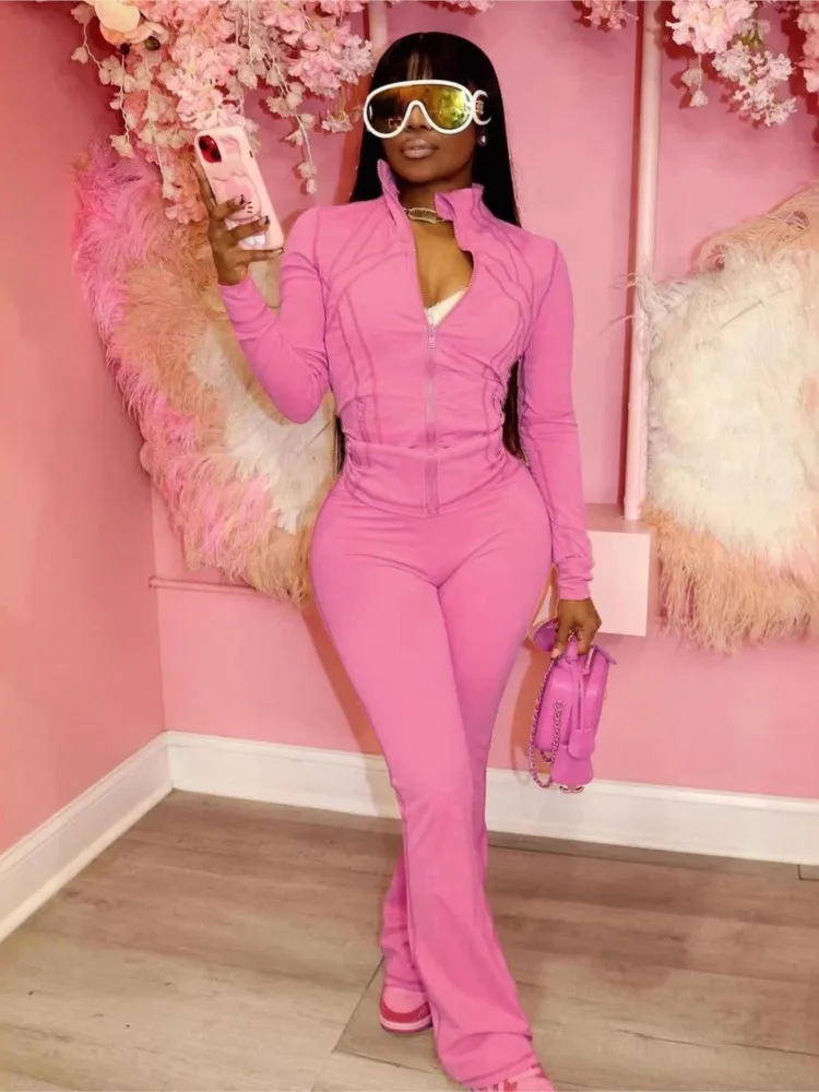 الخريف عادية الصلبة رياضي قطعتين مجموعات أنيقة المرأة الوقوف الرقبة سستة طويلة الأكمام سليم بلوزات وسراويل ضيقة وتتسابق رياضية #4