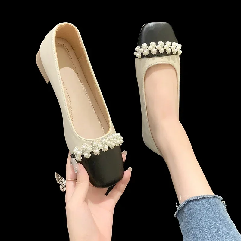 Color blocking single shoe women's 2024 new trend fashion comfortable square toe shallow mouth pearl women's shoes