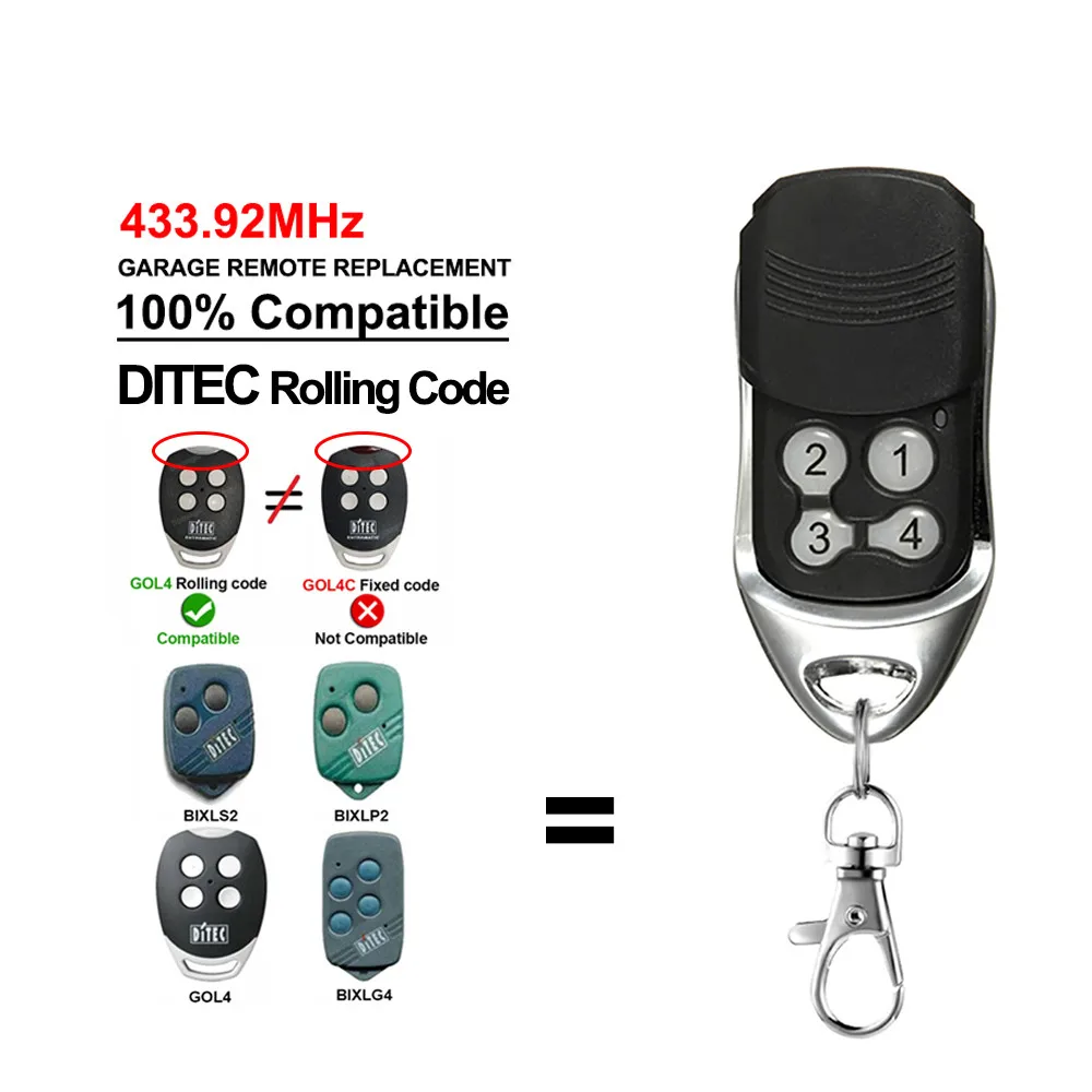 100% Compatible DITEC Rolling Code BIXLP2 BIXLS2 BIXLG4 Remote Control 433 mhz Handheld Transmitter Garage Gate Door Opener