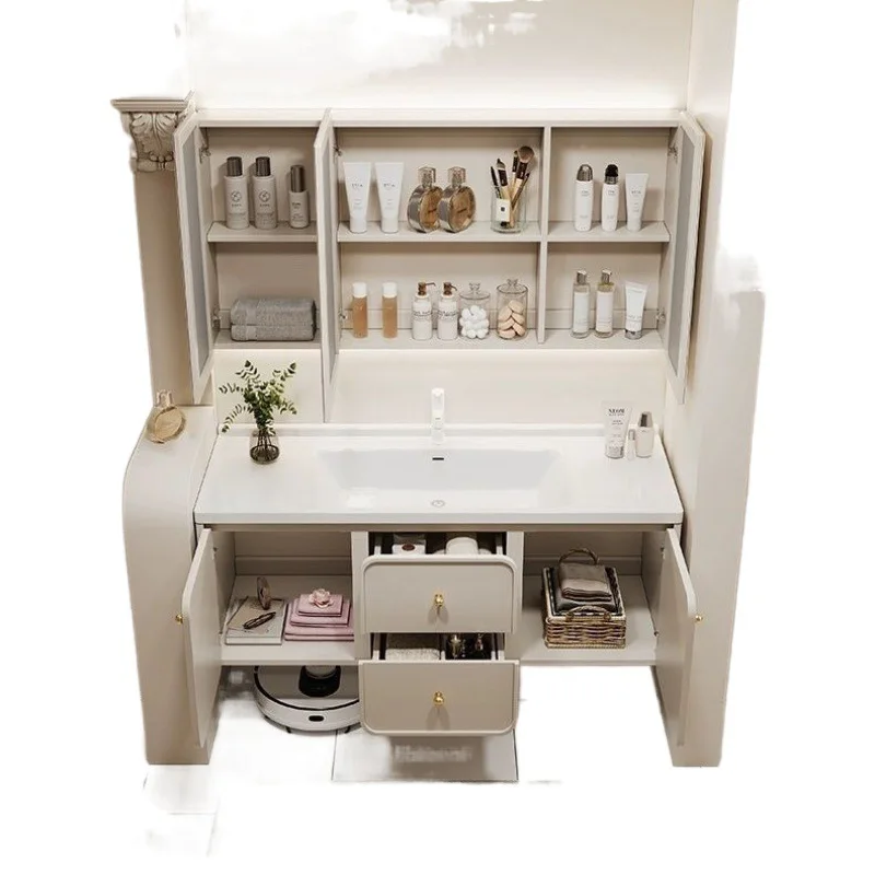 

American French style, cream wind, bathroom, smart mirror cabinet, combination, ceramic, integrated, sink