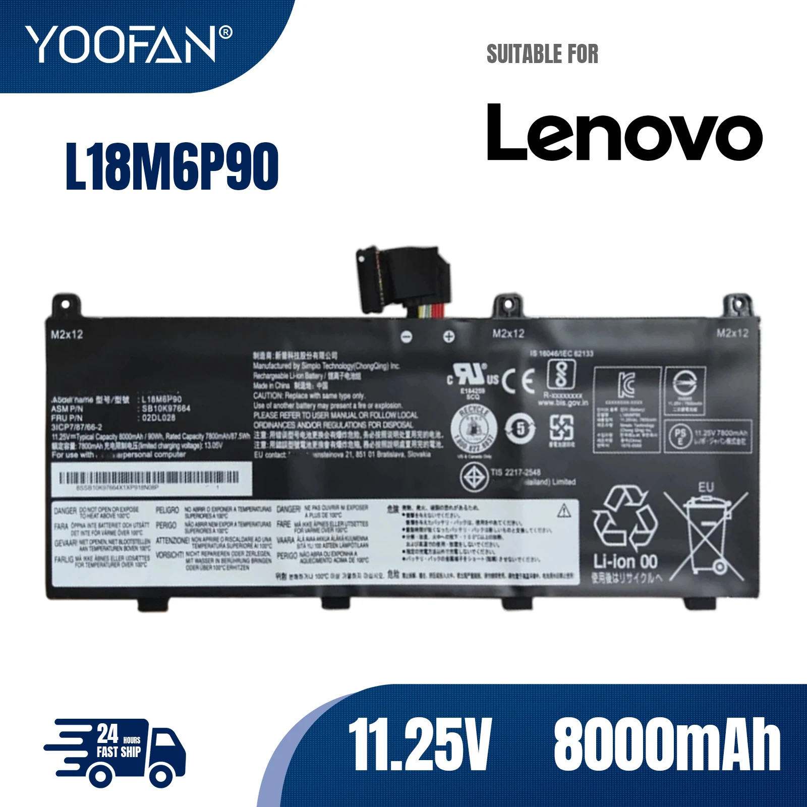 

Аккумулятор YOOFAN L18M6P90 для ноутбука Lenovo ThinkPad P53 Series, L18C6P90 02DL028 5B10W13901 SB10K97664, 11,25 в, 8000 мАч