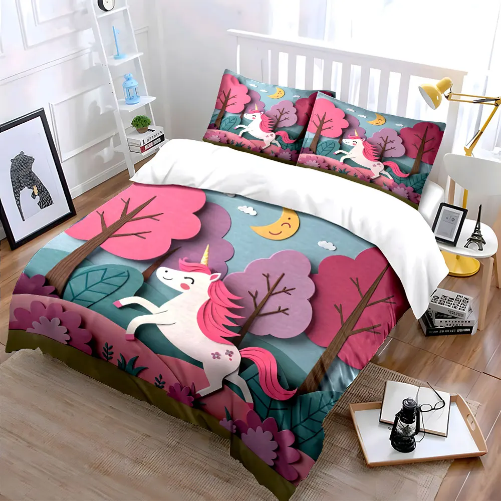 Dreamy Unicorn Fairy Forest Bedding Set for Kids Luxury Gift 3pcs Digital Print Comforter Set Soft Comfortable Breathable