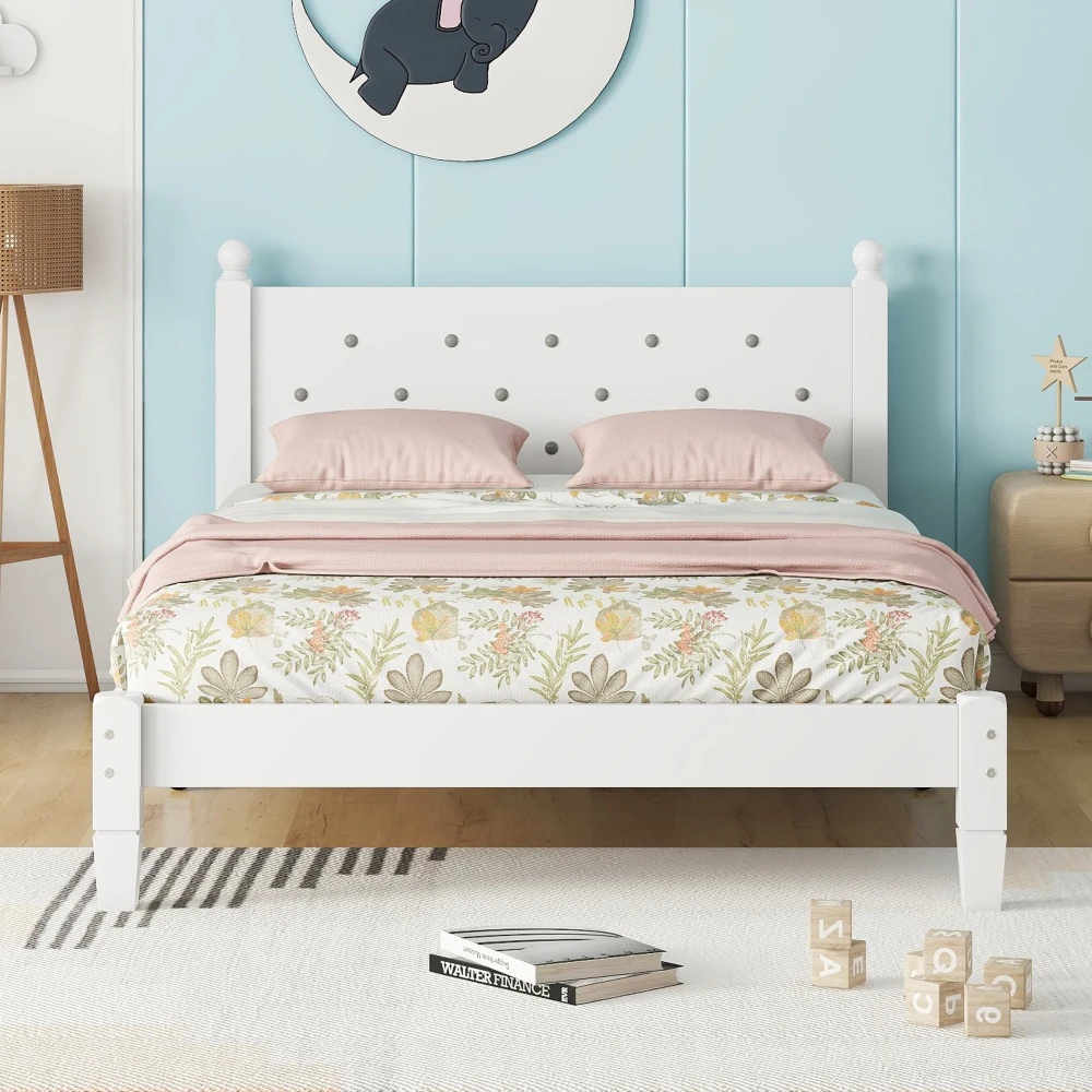 Twin Bed with Button-Decoration Headboard, with Bed Slats Kids Teens Adults Space-Saving Design Full-Length