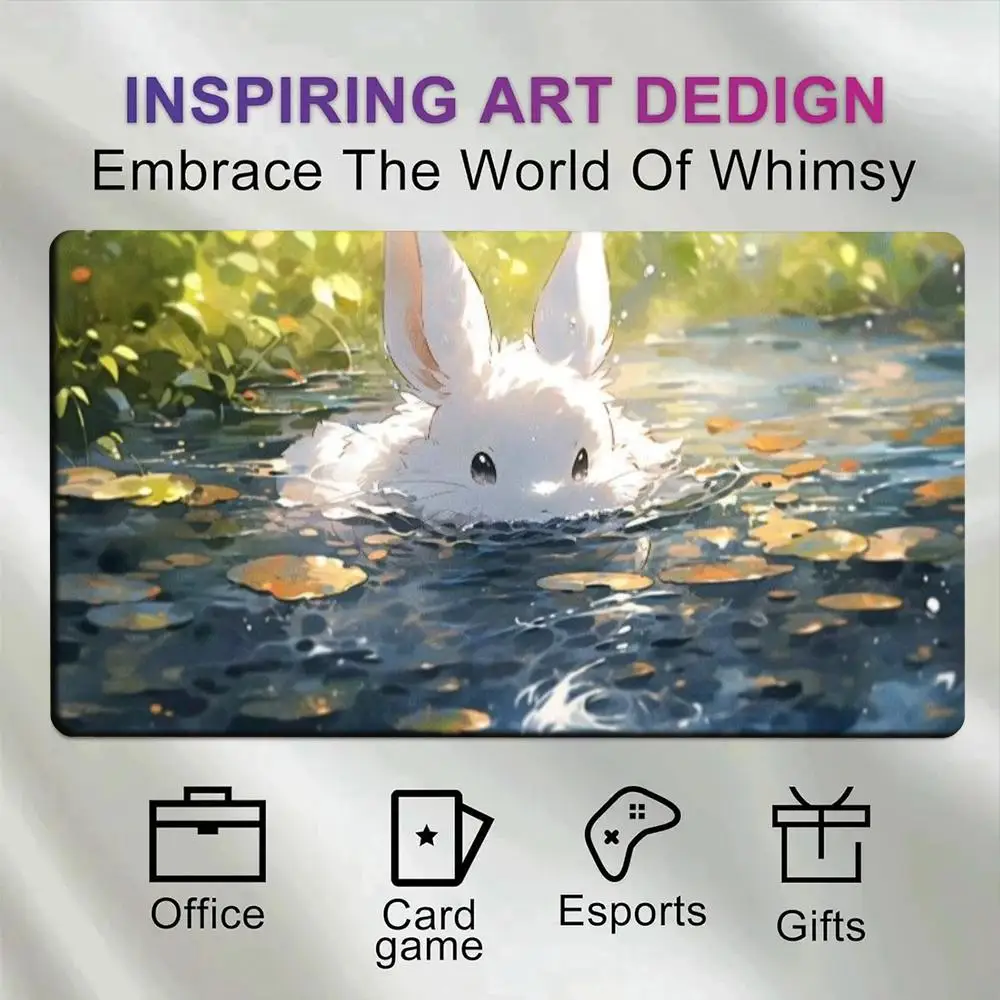 Cute Bunny Pond Desk Pad Non Slip Rubber Anime White Rabbit Water Lily Leaves Green Nature Soft Art Large Gaming Mousepad Office