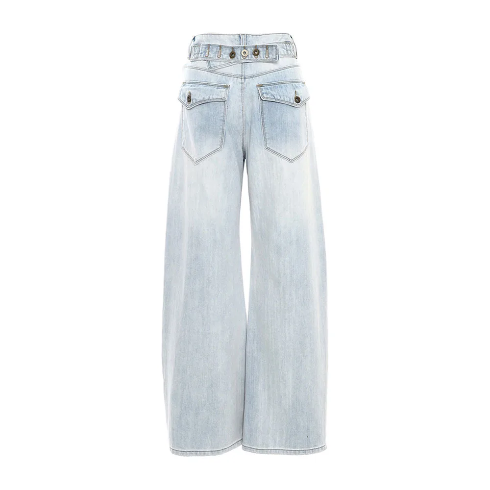 Women Light Washed Wide Leg Jeans Spring Autumn Adjustable Back Waist Buttons Denim Pants Casual Loose Straight Jeans