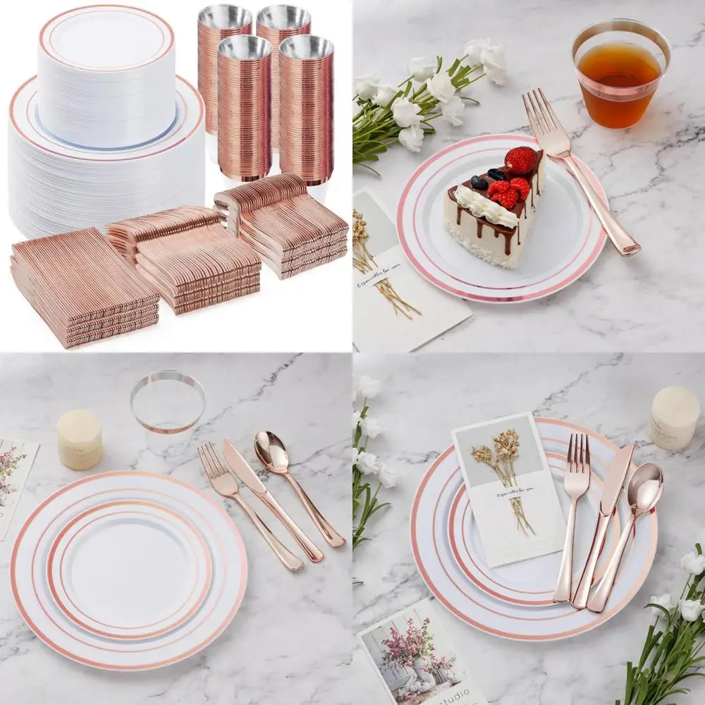 

Набор одноразовой пластиковой посуды на 100 гостей — 600 шт. тарелок из розового золота для вечеринок на свадьбу, Рождество, юбилей