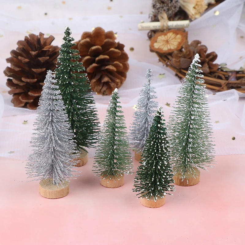 3 Pieces Christmas Tree Mini Pine With Wood Base DIY Home Table Top Decor Miniatures S/L (7/9cm )