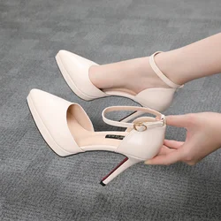 New Fashion Women Pumps Shoes Waterproof Platform One-line Buckle Hollow Pointed Toe 10cm Thin High Heels Women's Wedding Shoes