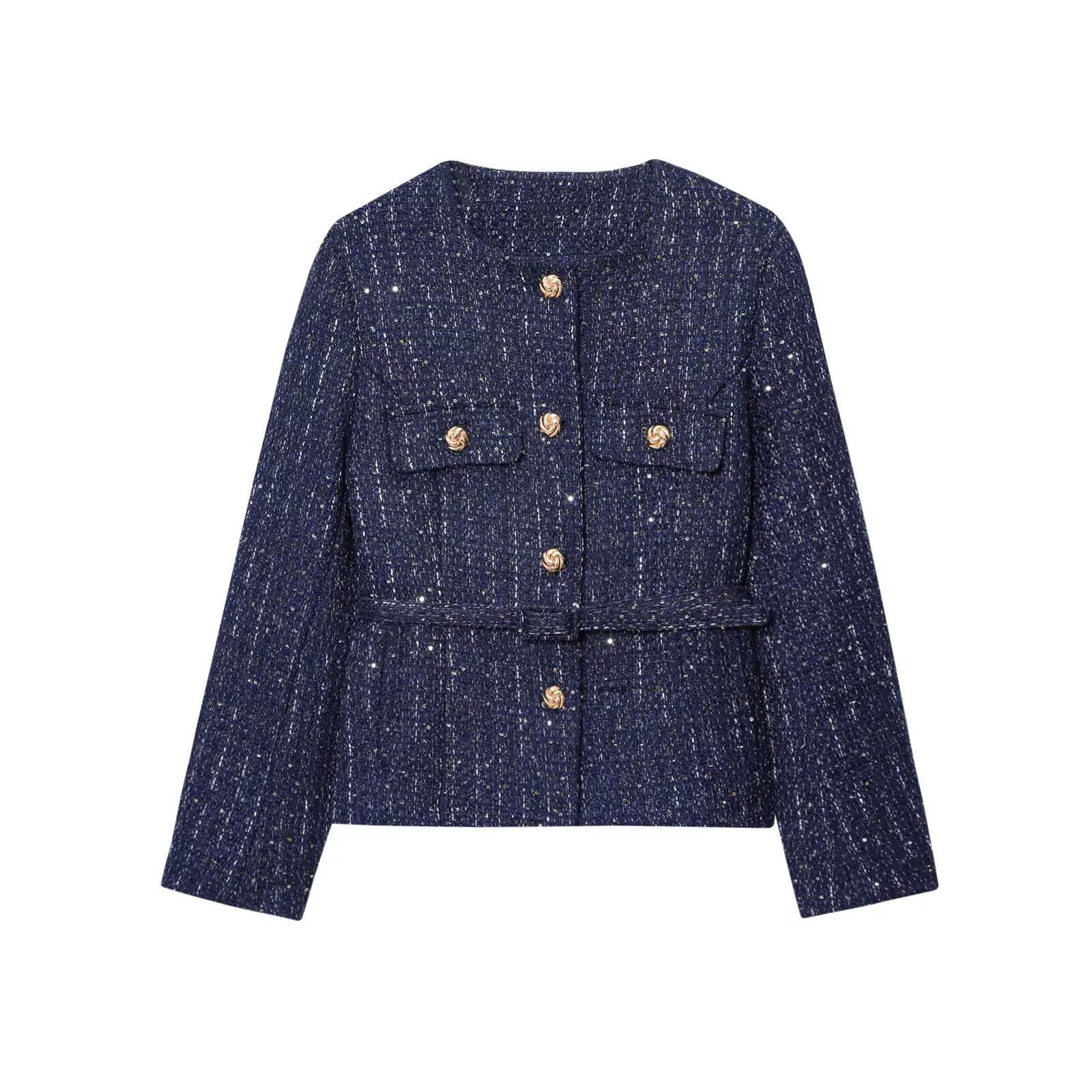 

Sequin Jacket Women 2025 New Autumn Fashion With Belt Gold Button Pocket O- Neck Long Sleeve Cropped Coat Retro Casual Outerwear