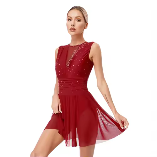 Women Ruched Ballet Lyrical Dancing Dress Round Collar Sleeveless Rhinestone Backless Dress for Stage Performance Competition - Image 4