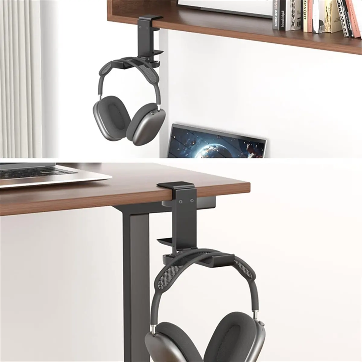 

Stable- Under Desk Headset Stand Foldable Headset Hanger Mount Aluminum Gaming Headphone Clamp Hook Non Slip Silicone Pad Black