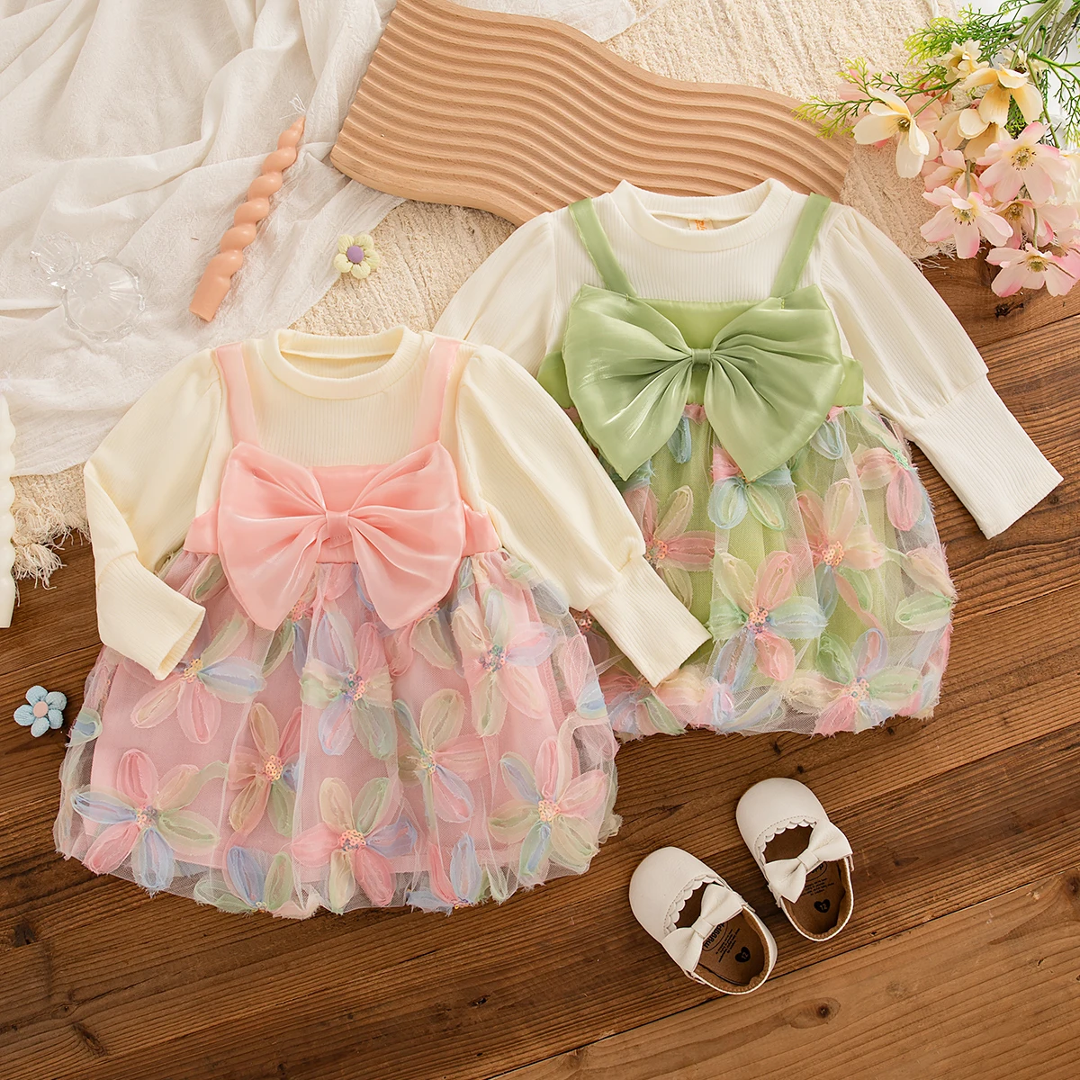 Autumn Toddler Long Sleeved Floral Princess Fairy Dress Korean Style Baby Girl Sweet Big Bow Birthday Party Gift Tutu Dress