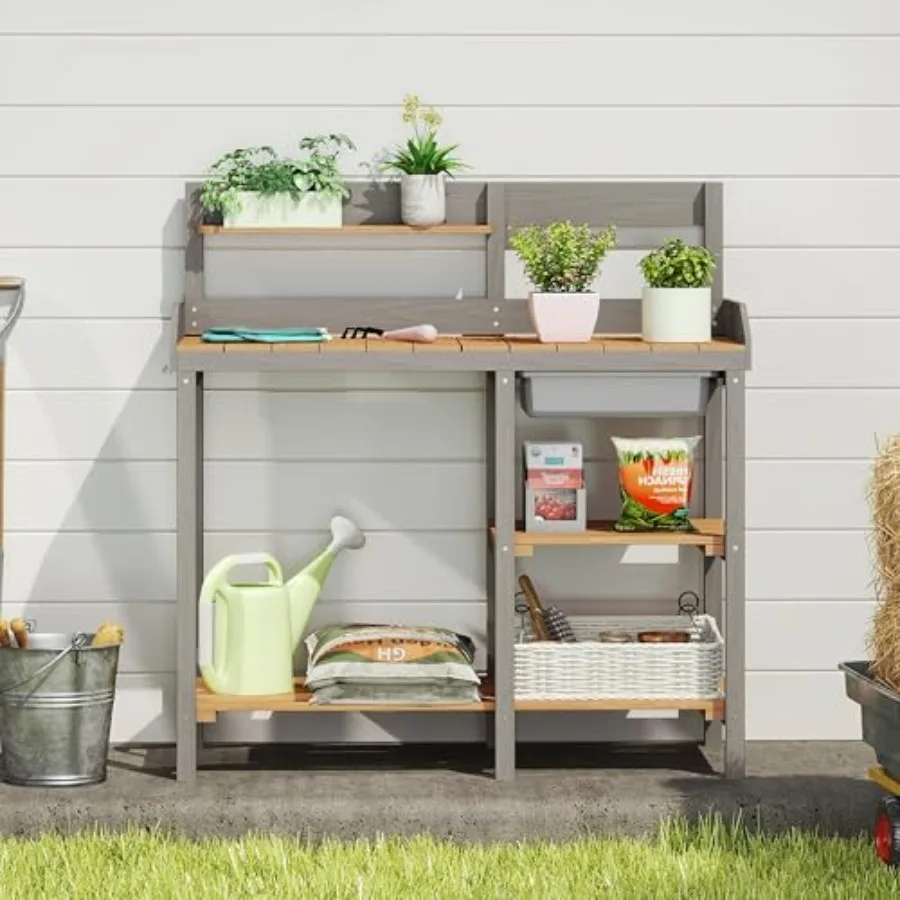 Outdoor Potting Bench with Sink, Wood Garden Workstation with Shelves
