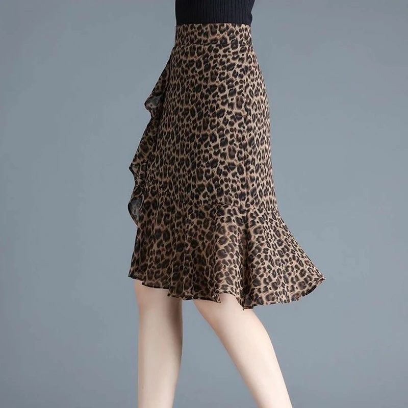 Mode gedruckt unregelmäßige Rüschen Leopard Chiffon Röcke Frauen Kleidung Herbst neue lose elastische Meerjungfrau Röcke mit hoher Taille