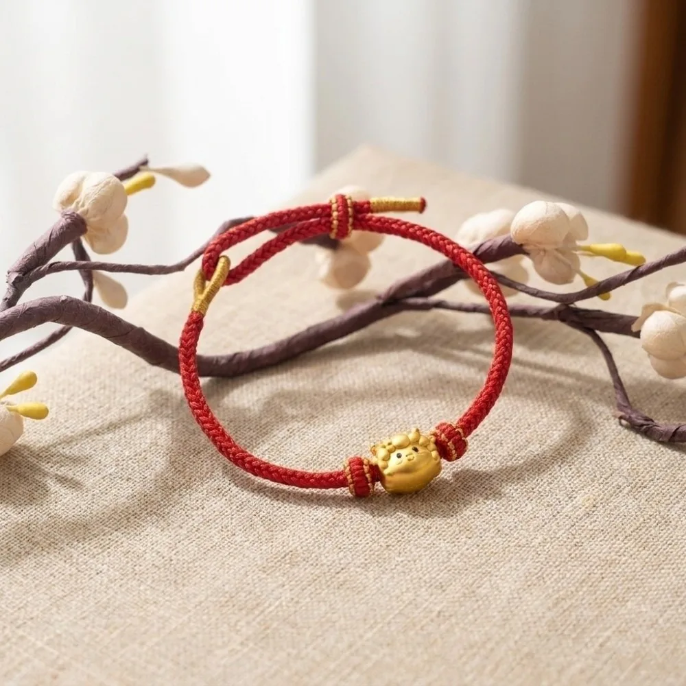 Chic Braided Zodiac Goat Bracelet Gold Plated Lightweight Red String Hand Chain Adjustable Sliding Lucky Bracelet Daily Wear