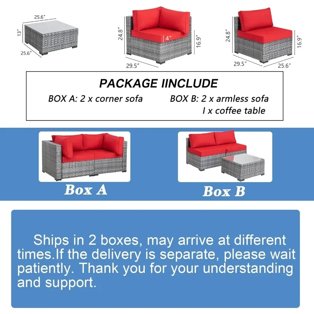 Sofá seccional para Patio al aire libre, juego de muebles de mimbre de PE con cojines lavables y mesa de centro de vidrio, 5 piezas