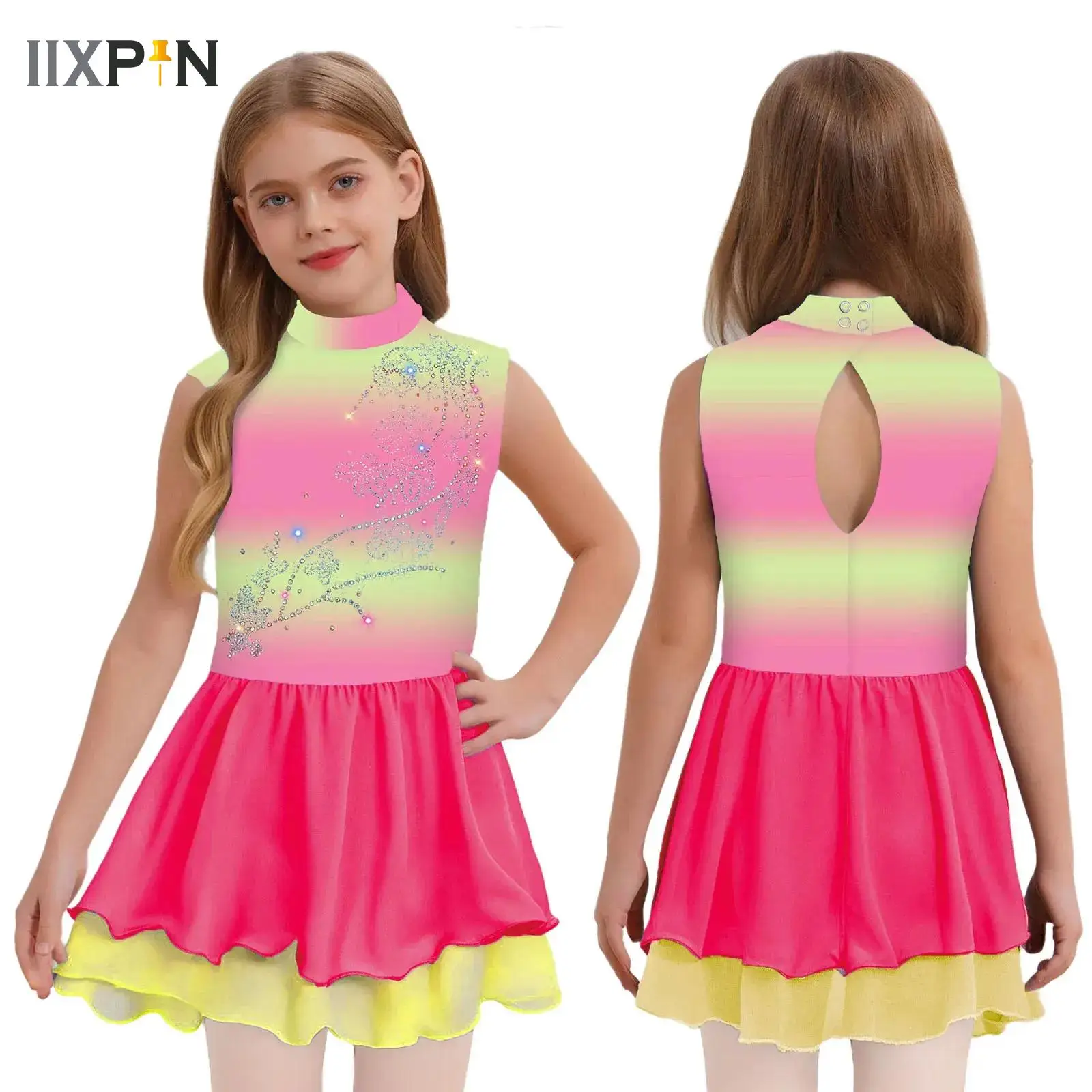 

Kids Girls Sparkly Rhinestones Gradient Dress Ballet Dance Leotard Figure Ice Skating Sleeveless Mesh Skirt Tutu Gymnastics