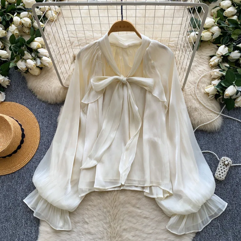 HKSH Women Shirt French Style Trendy Sweet Bow Lace-Up Solid Color Loose Casual Elegant Long Sleeve Blouse Spring Autumn HK25115