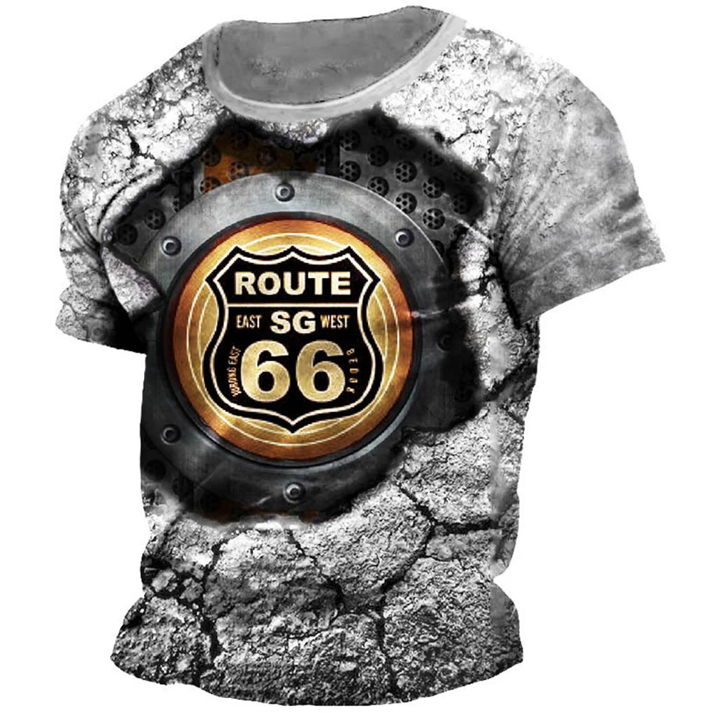 Classic Retro Summer Men\'s T-shirt American Loose Short Sleeve Top Route 66 O Collar Fashion Casual Sports Quick Drying Clothing