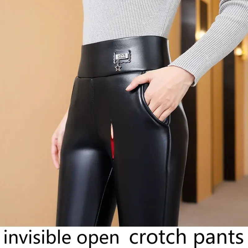 

Open-Crotch Pants Leather Pants Female High Waist Velvet Thickening Invisible Zipper Straight Warm Pants Women