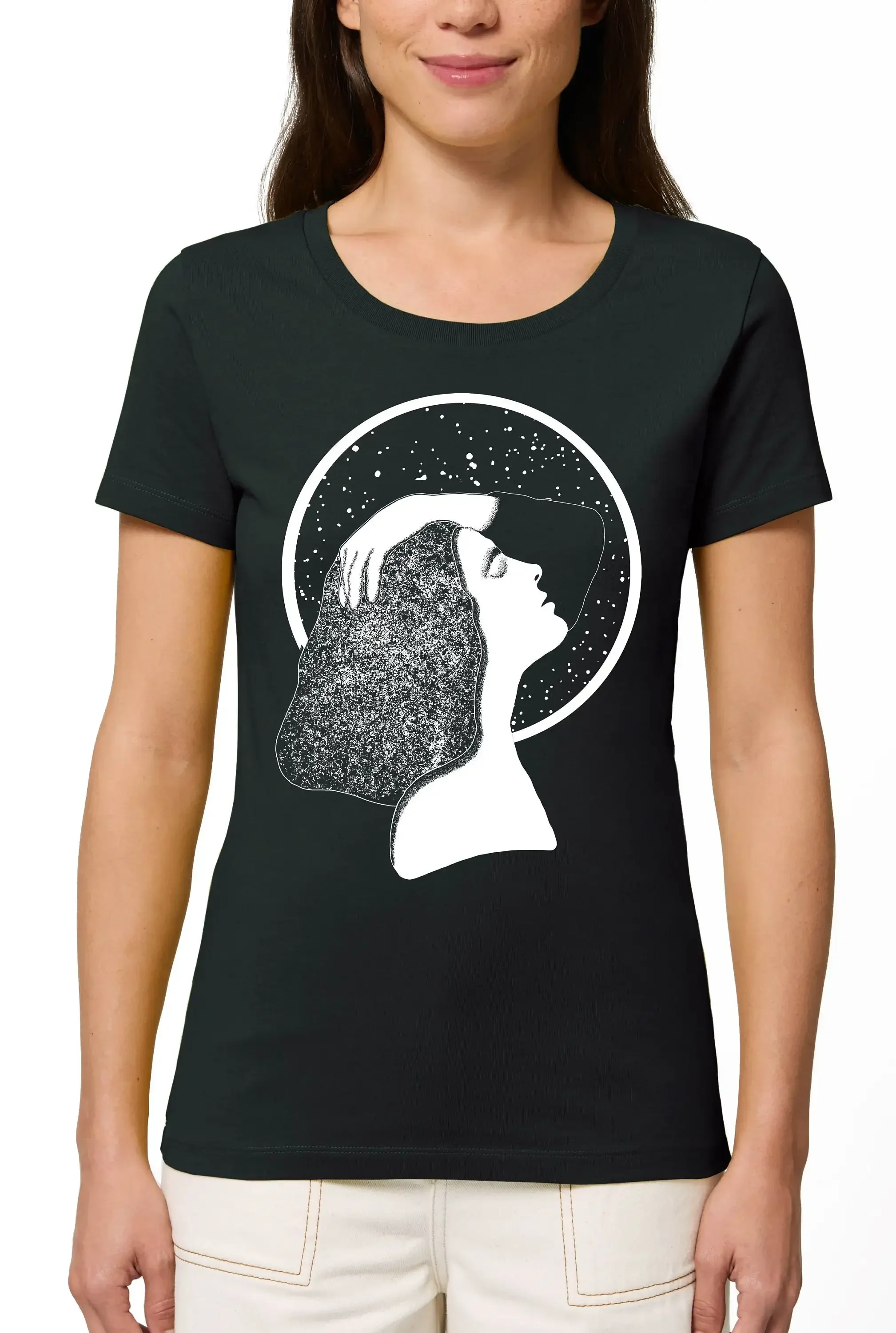 Moon Lady women s black T Shirt hand printed Mystic woman graphic tee Organic cotton womens Night