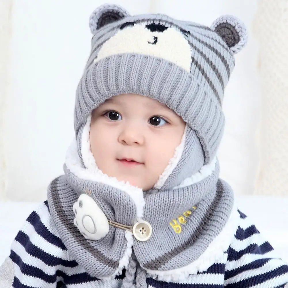 

Unisex Warm Baby Hat Bear 6M-34M Winter Kids Girls Boys Cartoon Stripe Knit Cap Woolen Yarn Scarf Earmuff keep Set for outdoor