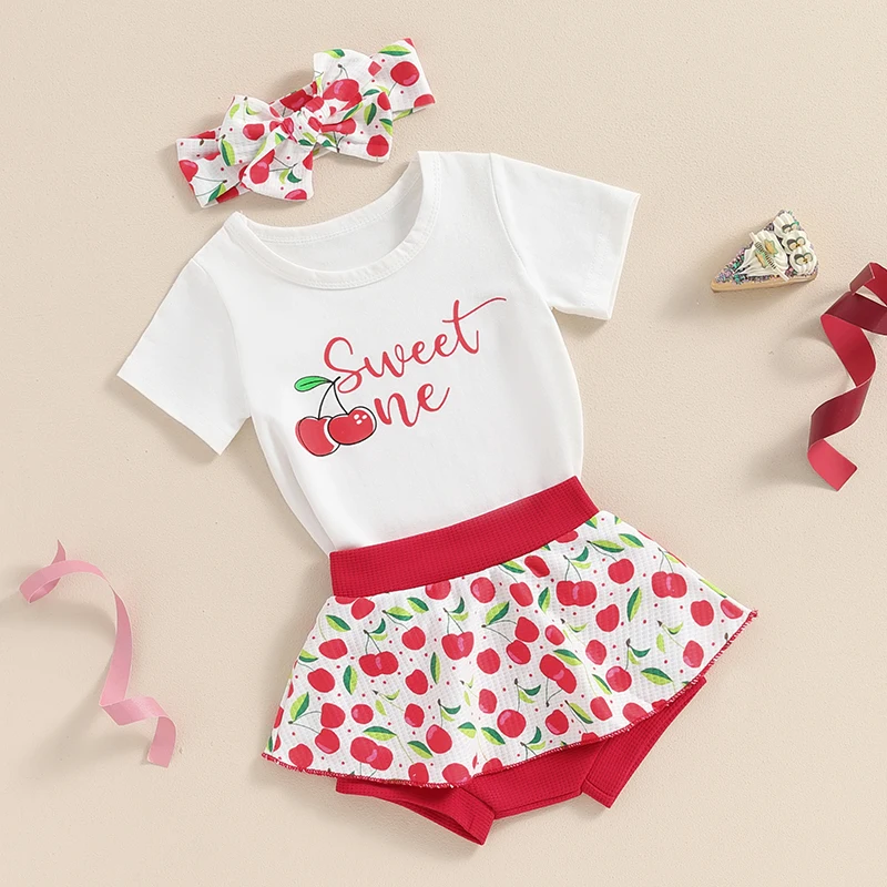 

Tregren Infant Baby Girl Shorts Set Cherry Print Short Sleeve Romper Tops with Shorts and Hairband 3pcs Sets Summer Cute Outfits