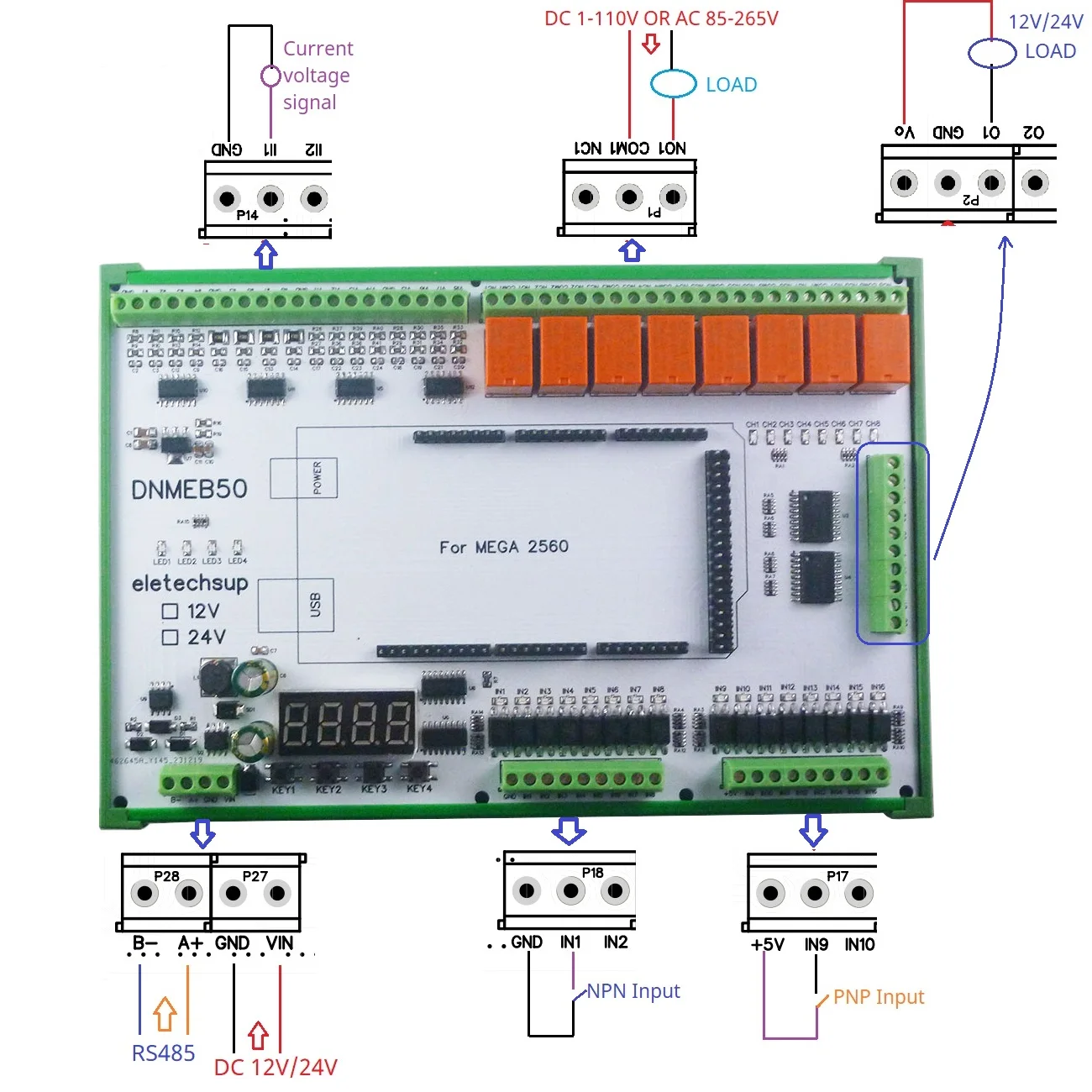 16AI-16DI-16DO 4-20MA Current 0-5V/10V/30V Voltage Dry Wet Contact MOS RS485 Relay MEGA2560 R3 Expanding Board for Arduino PLC